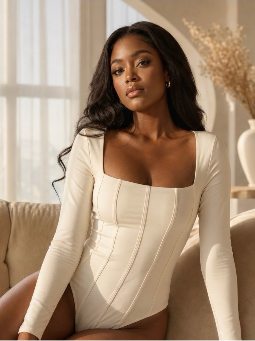 Abercrombie Long-Sleeve Square Neck Cream Bodysuit